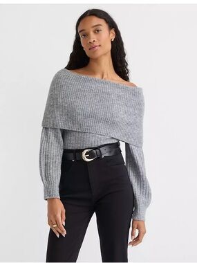 LOFT Grey Off-the-Shoulder Fold-Over Ribbed Sweater